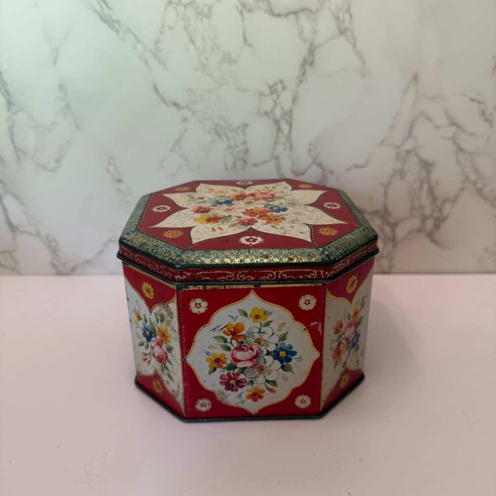 Vintage William Crawford & Sons Floral Hexagonal Hinged Tin Box Red floral